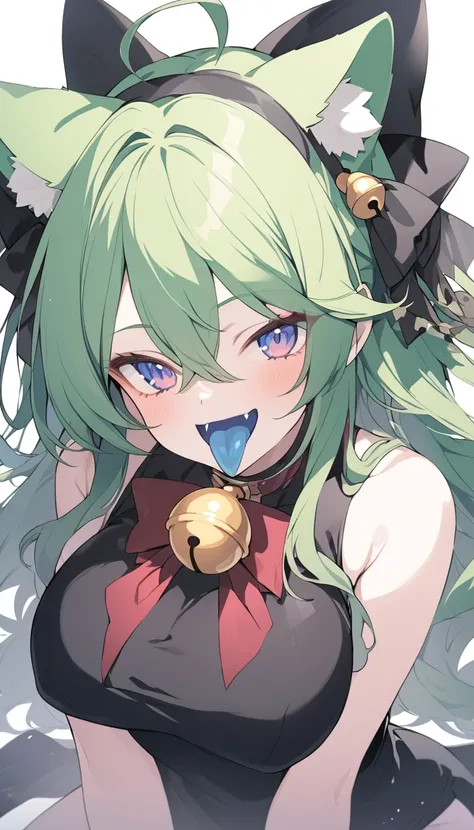 an image of an anime drawing of a woman with long green hair, 1girl, breasts, animal ears, bell, tongue, colored tongue, blue tongue, solo