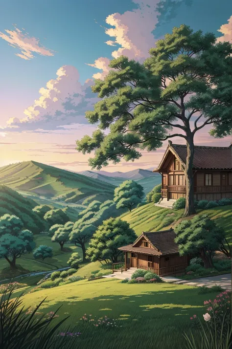 a picture of a house on a hill with a tree in the foreground, anime countryside landscape, anime background art, anime background, painted in anime painter studio, house background, anime nature, made with anime painter studio, beautiful anime scenery, bac...