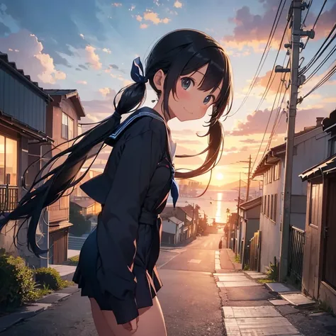 best quality, detailed, masterpiece, 1 girl, standing, gentle smile, 15yo, (low twintails:1.4), low pigtails, black hair, long hair, (navy blue sailor suit with blue ribbon:1.4), long sleeves, dark brown eyes, school bag, from the front, from little above,...