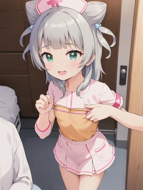 indoor,((hospital)),hospitalのベッド,Looking down from above,face focus, Green Eyes, Grey Hair, hair ornaments, bangs, Virtual YouTuber, Shine, blunt bangs, Double Bang, Animal ears, Flat Chest,Pink nurse uniform,Nurse hat,blush, ,, smile, orgasm,in heat,Are s...