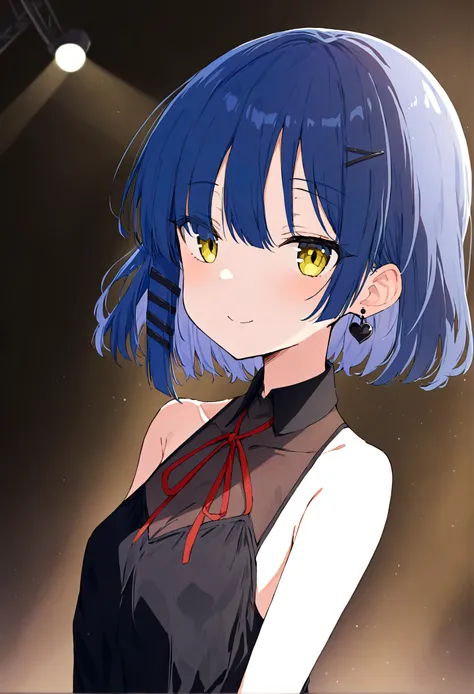 (best quality, highres, masterpiece : 1.4), (flatten art : 0.8), masterpiece, (best quality), 1girl (teenager) , anime, deep blue hair hair, 2 black hair clip, black pin earring, fair skin, faint yelllow eyes, small sized breast, no expression (faint smile...