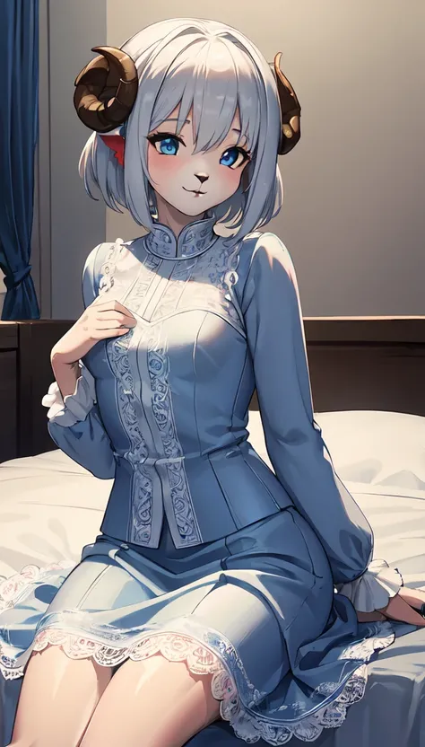 Highest quality，masterpiece, Soft Shading, Perfect Anatomy, Perfect lighting, Perfect focus, Healing, alone, One girl, Furry, Shaggy Sheep, Anthropomorphic, woman, Silver fur, Silvery skin, blue eyes, Before going to bed, pajamas,Long sleeve，Long skirt，(Wh...