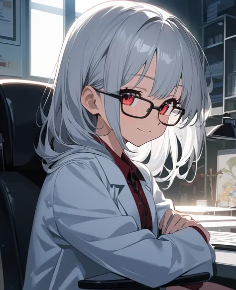 Anime painting:1.2,A small, young girl with long silver hair, red eyes and glasses wearing a white lab coat smiles wickedly.:1.2,In a dimly lit laboratory,Composition from the upper body up,Cross-legged on office chair、Posing