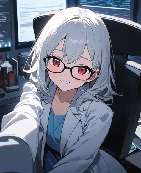 Anime painting:1.2,A small, young girl with long silver hair, red eyes and glasses wearing a white lab coat smiles wickedly.:1.2,In a dimly lit laboratory,Composition from the upper body up,Cross-legged on office chair、Posing