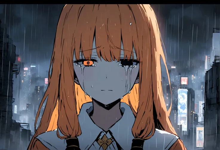 Anime fox girl, orange hair, dead eyes, neutral face, tears on left eye, basking in the rain,, cityscape, pale colors, UHD, 