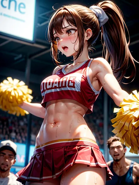 Highest Resolution,Highest quality,A beautiful girl with a crying face, a cheerleader, holding a sports drink in her hand,sunny,Tears and saliva dripping,Brown hair ponytail,Sweating profusely,whole body,Belly button,Abdominal muscles,