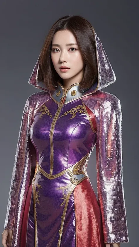 （lifelike， high resolution：1.3）， close up，A short hair that fades from coral red to dark purple，Wearing a futuristic metallic battle robe，There is a resolute courage in the eyes，Full body shot，Every rivet on the garment seems to emit energy.，Surrounded by ...