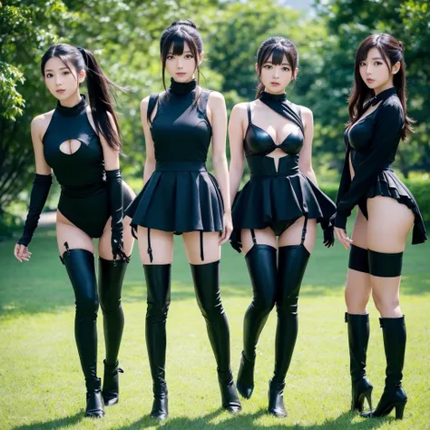 Three cute, beautiful Japanese girls are wearing sexy black outfits. The camera angle is a full shot, so the characters whole bodies are in the shot. The characters are facing forward and trying to walk. The background is a single-colored green screen.