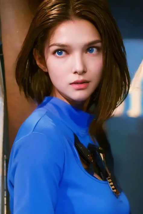 masterpiece, jill valentine, blue eyes, brown hair, long bob hair, oval face