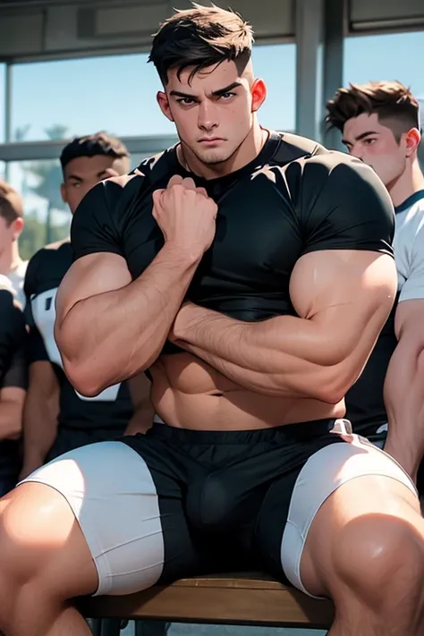 College students with jock haircuts sitting in a line on a bench, locker room, dimwitted stare, befudled, football uniforms, cleats, football pads, hyper muscles, bodybuilder, big biceps, big triceps, big traps, broad shoulders, hyper pecs, hyper lats, hyp...