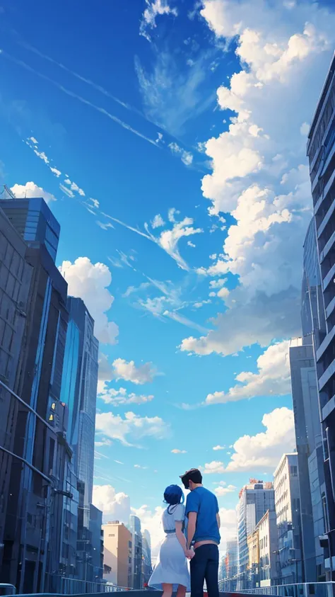 Blue sky with white clouds　Back view of a man and woman holding hands　Casual clothing　An illustration