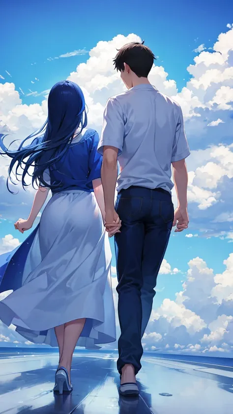 Blue sky with white clouds　Back view of a man and woman holding hands　Casual clothing　An illustration