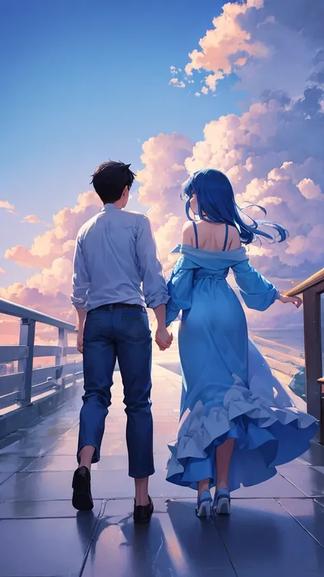 Blue sky with white clouds　Back view of a man and woman holding hands　Casual clothing　An illustration