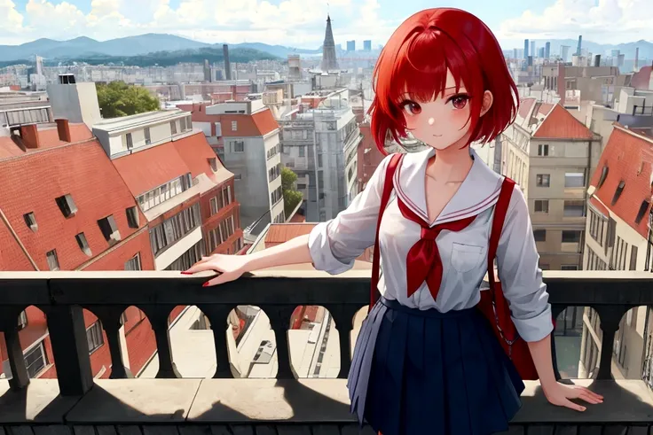 cute school girl, red hair short, standing on the terrace, looking at the view