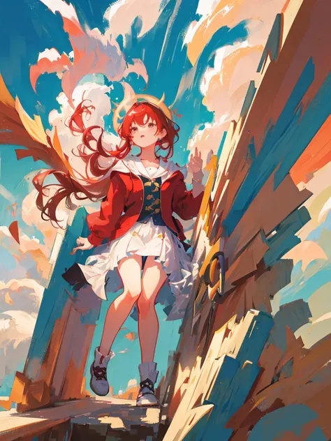 Highest quality, masterpiece, One girl、Red Hair、Cute iridescent Asian dragon playing with clouds and wind in the sky, isometric, Beautiful concept art, Optics
