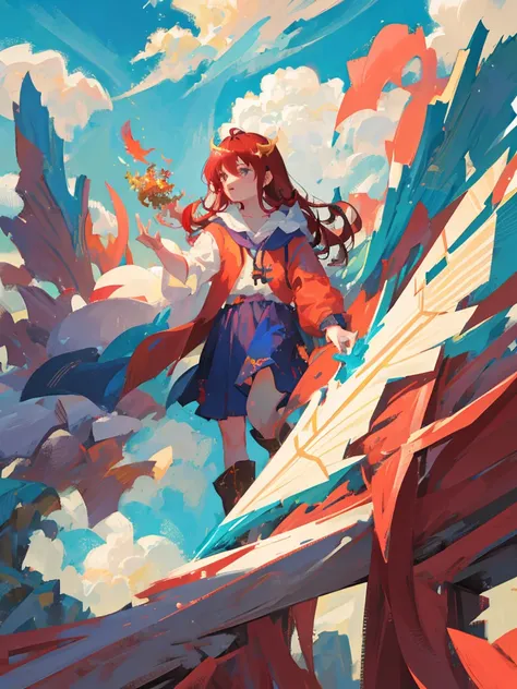 Highest quality, masterpiece, One girl、Red Hair、Cute iridescent Asian dragon playing with clouds and wind in the sky, isometric, Beautiful concept art, Optics
