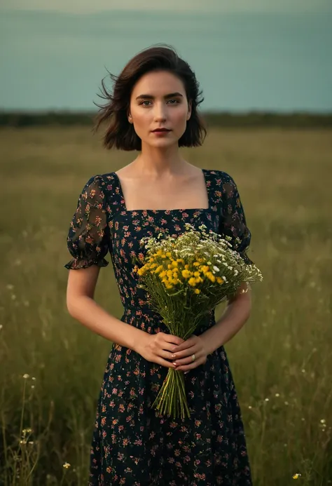 a beautiful award winning full length portrait of a dusky maiden wearing a chic floral dress,she is outdoors,holding a dainty bo...