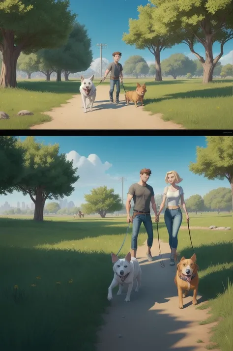 cartoon drawing of two dogs on a leash in a park, animated disney movie inking, published concept art, stylized linework, whole page illustration, by Istvan Banyai, concept art for a video game, by Maksimilijan Vanka, colorkey scene, cartoon concept art