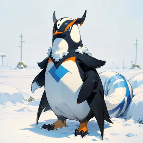 Full body version, watusi mixed with penguin, blue eyes, has long horns, Grassroots in snow