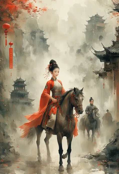 There is light rain under the sky, with elegant colors.A young ancient Chinese girl, with her hair tied up high, dressed in red and ancient armor, leading a horse， the background is the lively fair,the big scene, the big scene,Atmospheric , in style of fai...