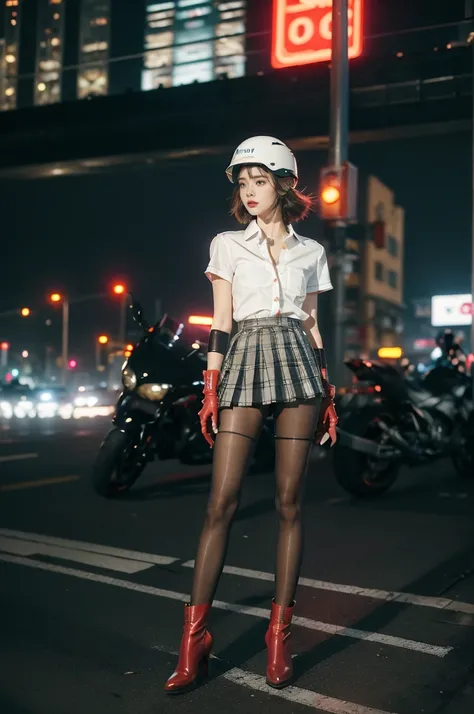 (((best quality))),(((ultra detailed))),(((masterpiece))),illustration,(1 beautiful girl,solo),((slim,thin)),((small breasts,flat chest)),(safety helmet:1.3),shoulder length straight bob hair,slender legs,cyberpunk, urban street,high school student, JK out...