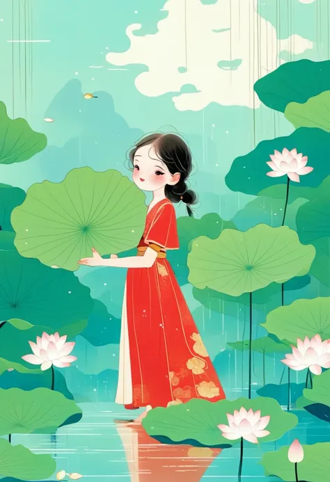 A girl in red standing in the lotus pond, Holding a large lotus leaf in hand. It was raining in the sky, The illustration is drawn in a flat style with colored lines, Green is the main background color,Look down from the sky