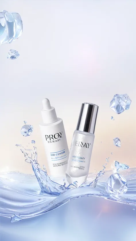 Close up of two bottles of clear water with bubbles, Rays, ClaritySmooth的线条, Clay, Onyx, skin care, Clarity精致, Clarity、Smooth、Clean lines, Face, 80 thousand, 80 thousand, Promotions, Body, galaxy, Lay flat, Skin is hydrated, Product Image, Integrate with t...