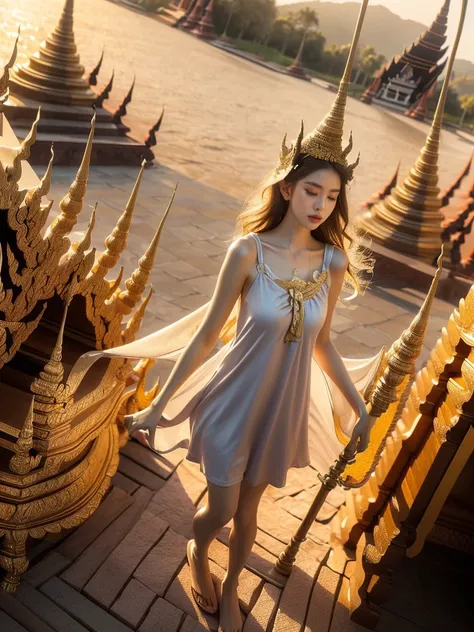 A woman with sun-kissed skin and blonde hair with beach waves is exploring a Thai temple in a medium shot from a high angle. She is wearing a colorful, flowy sundress that accentuates her figure and allows for movement. The background is an Thai temple and...