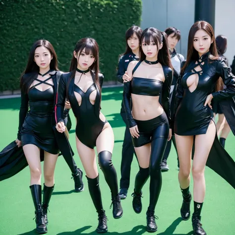 Three cute, beautiful Japanese girls are wearing sexy black outfits. The camera angle is a full shot, so the characters whole bodies are in the shot. The characters are facing forward and trying to walk. The background is a single-colored green screen.