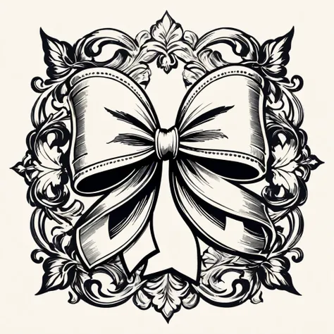 masterpiece、super beautiful、８K、An illustration of a bowknot ribbon drawn in the style of medieval black and white letterpress printing.