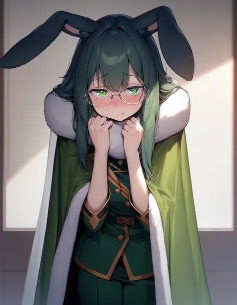 (Best Quality) , (Masterpiece) , (detailed) , rabbit girl , wide , uniform , green eyes , good body , long cape , bright Eyes , scarf , glasses , shy , alone , high