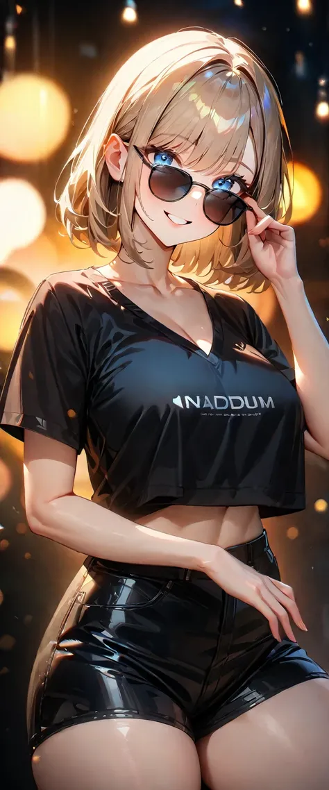 (((One girl))), ((beach)), noon, blond hair, bob cut, breasts, from front, (cowboy shot), standard body, (looking at viewer), ((black panties)), ((black crop top overhang, v-neck)), short sleeves, ((sunglasses)), hand to sunglasses, midriff peek, teenager,...