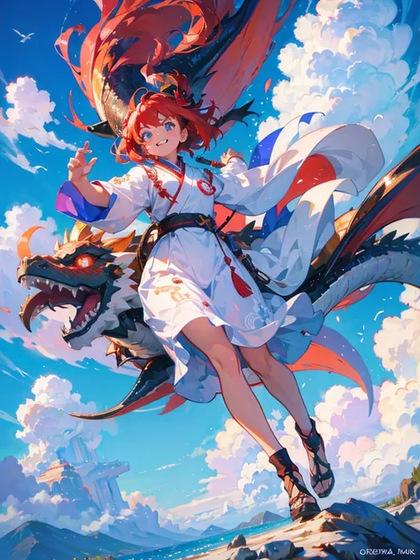 Highest quality, masterpiece, One girl、Red Hair、Smile with your mouth closed、Cute iridescent Asian dragon playing with clouds and wind in the sky, isometric, Beautiful concept art, Optics
