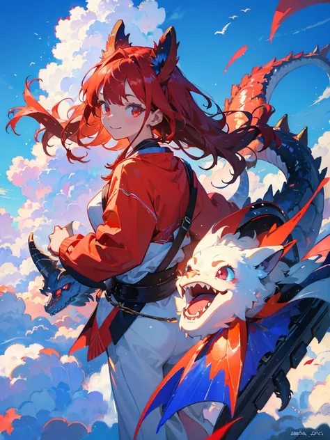 Highest quality, masterpiece, One girl、Red Hair、Smile with your mouth closed、Cute iridescent Asian dragon playing with clouds and wind in the sky, isometric, Beautiful concept art, Optics
