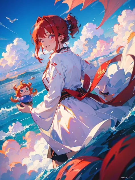 Highest quality, masterpiece, One girl、Red Hair、Smile with your mouth closed、Cute iridescent Asian dragon playing with clouds and wind in the sky, isometric, Beautiful concept art, Optics
