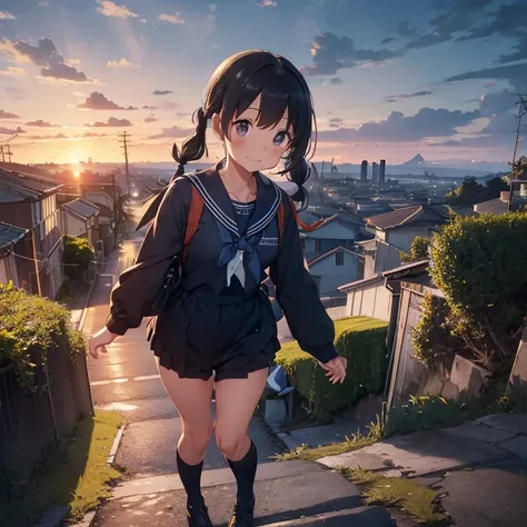 best quality, detailed, masterpiece, 1 girl, standing, gentle smile, 15yo, (low twintails:1.4), low pigtails, black hair, long hair, (navy blue sailor suit with blue ribbon:1.4), long sleeves, dark brown eyes, school bag, from the front, from little above,...