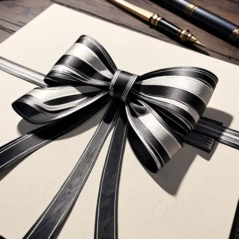 masterpiece、super beautiful、８K、An illustration of a ribbon tied in a bowknot, drawn with worn lines in the style of medieval black and white letterpress printing.