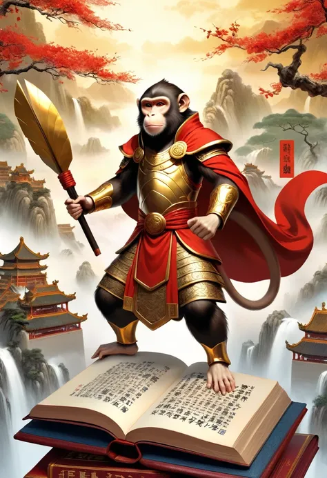 A three-dimensional book, open book with Chinese writing, In ancient Chinese mythology, A monkey wears a golden armor and a red cloak stood on a book, He has a brush in his hand,The background is ancient Chinese war scenes, A grand war scene, A rich pictur...