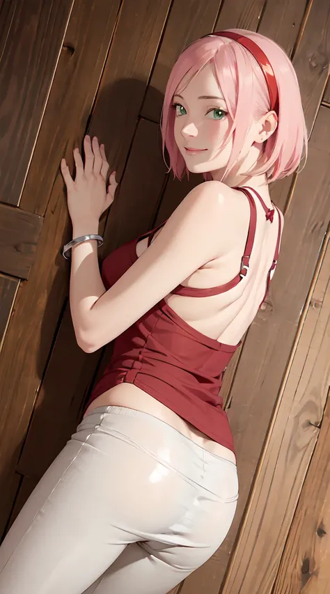 masterpiece, best quality,sharpness,absurdres ,1girl, sakura haruno,forehead mark, red hairband,(white tanktop:1.4),micro skirt, bracelet, looking at viewer, smile,, middle large breasts,laying on the floor,on a wooden floor,closeup,(lift shirt:1.1),from b...