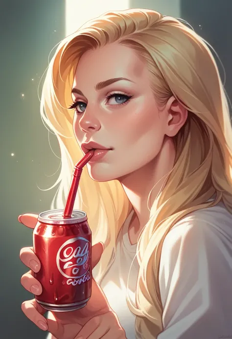 Beautiful girl modern fashion drink Coca-Cola, cinematic style,8k resolution, soft lighting,skin and hair texture super details, eyes,nose, mouth are realistic details,Blonde hair