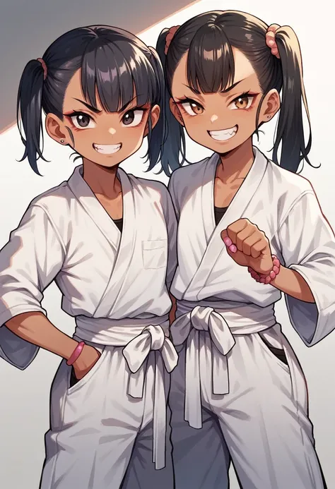 ((young 2girl ,short stature,gyaru)) ,flat chest,black hair, twintail ,,nsfw,heavyset,looking at viewer.karate wear,evil smiling