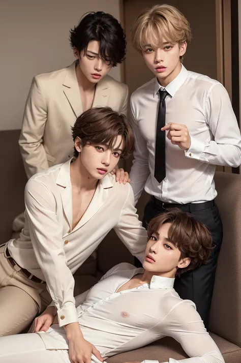 Jeon Jungkook e Kim Taehyung do BTS, are in the dressing room, Alone. Taehyung was wearing a white dress shirt and brown dress pants., he had curly blond hair, they were perfect, he was lying on the couch, with a slightly flushed and sweaty face. Jeon Jung...