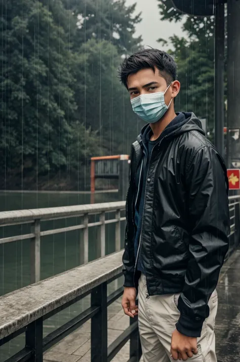 Boy with the mask on a bridge while raining 