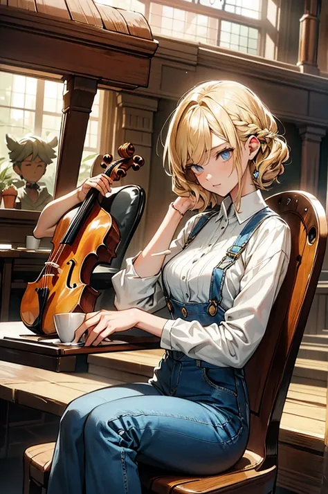 An anime girl, masterpiece, ultra detailed, 4K, 8K, no bad anatomy and fingers, with a balanced composition of the character and background. A robot girl, a professional violin artisan, sits in a wooden chair in a German violin workshop, focused intently o...