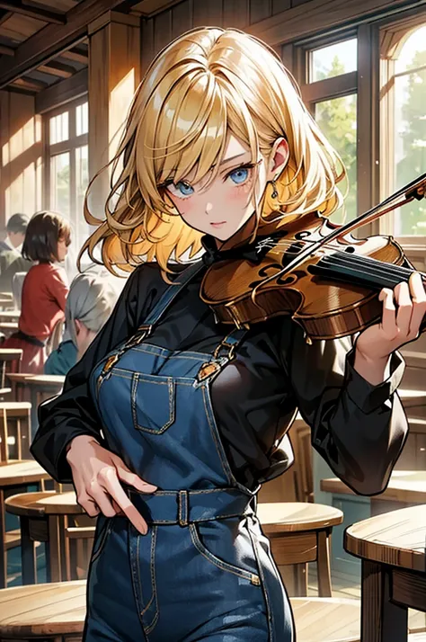 An anime girl, masterpiece, ultra detailed, 4K, 8K, no bad anatomy and fingers, with a balanced composition of the character and background. A robot girl, a professional violin artisan, sits in a wooden chair in a German violin workshop, focused intently o...