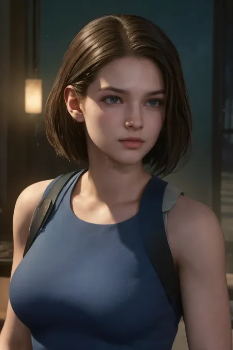 masterpiece, jill valentine, blue eyes, brown hair, long bob hair, oval face