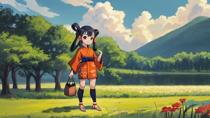 masterpiece, (Little:0.9), One girl, Are standing, smile, Bag RR, kimono, Hair Ring, Sandals, Outdoor, Field, null, cloud