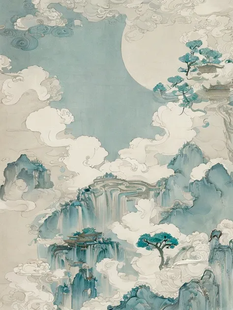 Song Dynasty Wall，it is，Cyan light beige，Chinese eaves，Crane，white crane，，White Space，Minimalist style，Fine brushwork，Extremely fine details，Exquisite style，New Chinese，landscape，Symmetrical composition