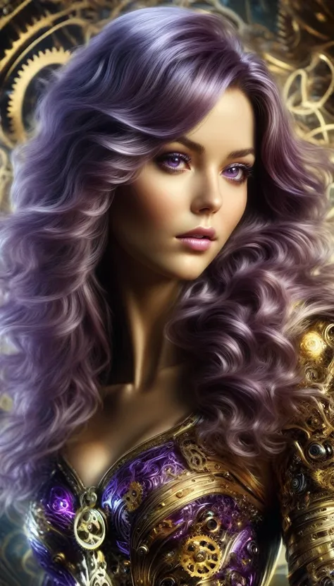 un portrait hyperréaliste d’une sublime femme heureuse et rayonnante , femme aux cheveux couleur violet sombre foncé très_long e...