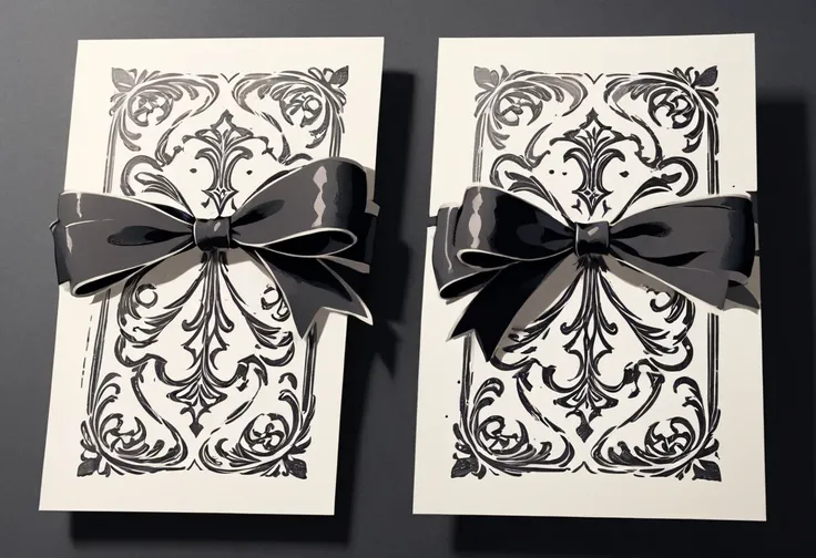 masterpiece、super beautiful、８K、Asymmetric、Long wavy ribbon、flat、An illustration of a ribbon tied in a bowknot, drawn with worn lines in the style of medieval black and white letterpress printing.